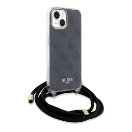 Guess Crossbody Cord 4G spausdinimo dėklas, skirtas iPhone 15/ 14/ 13 – juodas
