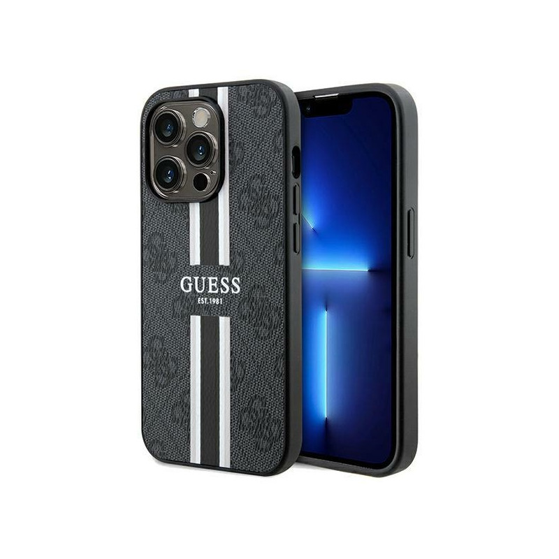 Guess 4G Printed Stripes MagSafe dėklas iPhone 15 Pro - juodas