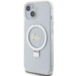 Guess Ring Stand Script Glitter MagSafe dėklas, skirtas iPhone 15 / 14 / 13 - skaidrus
