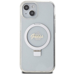 Guess Ring Stand Script Glitter MagSafe dėklas, skirtas iPhone 15 / 14 / 13 - skaidrus