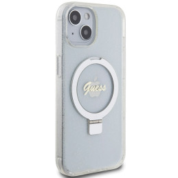Guess Ring Stand Script Glitter MagSafe dėklas, skirtas iPhone 15 / 14 / 13 - skaidrus