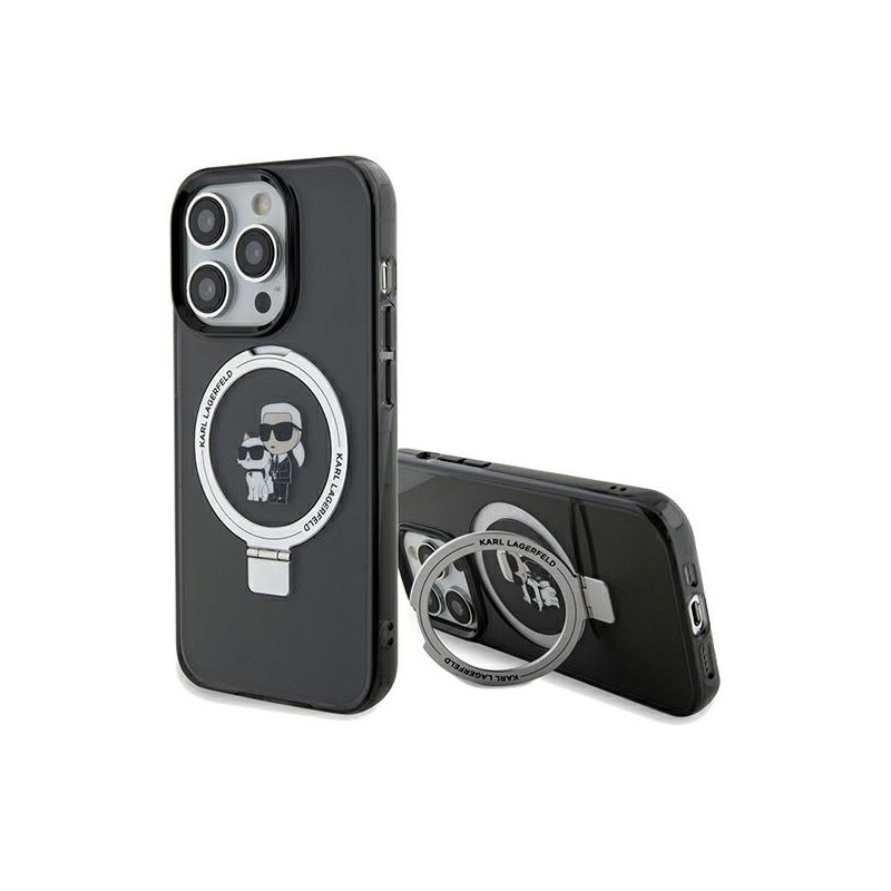 Karl Lagerfeld žiedinis stovas Karl&Choupette MagSafe dėklas skirtas iPhone 14 Pro Max - juodas