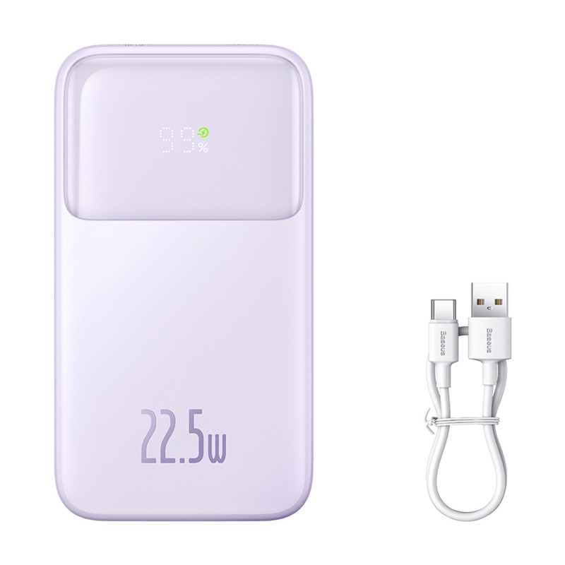 „Baseus Comet“ serijos maitinimo blokas su ekranu 10 000 mAh 22,5 W - violetinė + USB-A / USB-C laidas