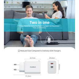 Choetech PD6013 2x USB-C PD 65W GaN sieninis įkroviklis - baltas