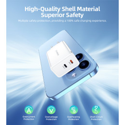 Choetech PD6013 2x USB-C PD 65W GaN sieninis įkroviklis - baltas