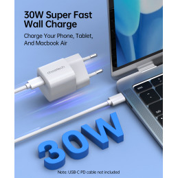 Choetech PD5007 USB-C PD 30W GaN sieninis įkroviklis - baltas