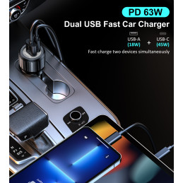 Choetech TC0010 USB-C USB-A PD 63W automobilinis įkroviklis - juodas