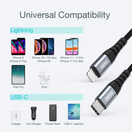 Choetech IP0041 USB-C / Lightning MFi 480Mb/ s 3A 2 m laidas - juodas