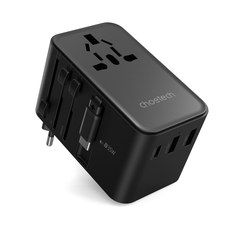 Choetech PD5020 35W EU/ US/ AUS/ UK kelioninis adapteris su įmontuotu USB-C laidu – juodas