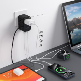 Choetech PD5021 45W EU/ US/ AUS/ UK kelioninis adapteris su įmontuotu USB-C laidu – juodas
