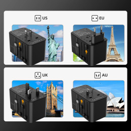 Choetech PD5022 70W EU/ US/ AUS/ UK kelioninis adapteris su įmontuotu USB-C laidu – juodas