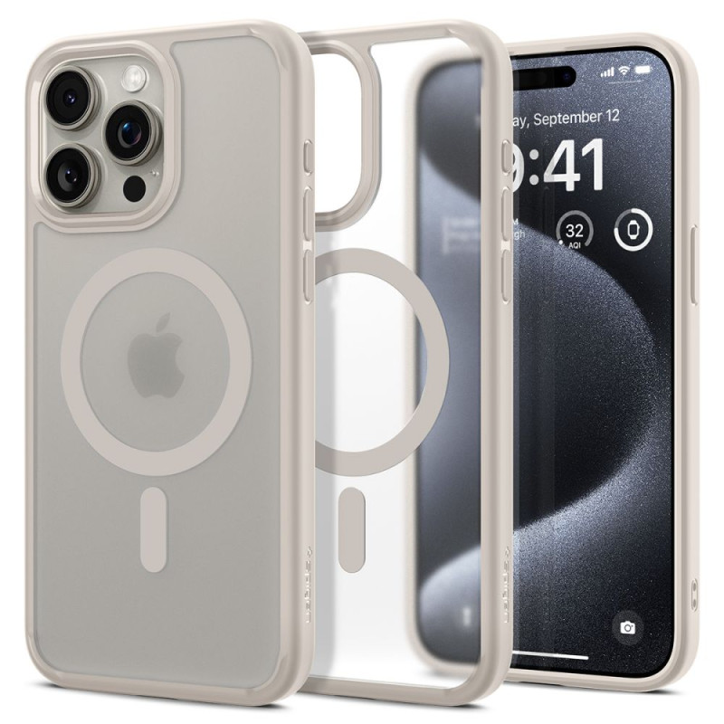 Spigen Ultra Hybrid Mag dėklas su MagSafe, skirtas iPhone 15 Pro Max - matinis natūralus titanas