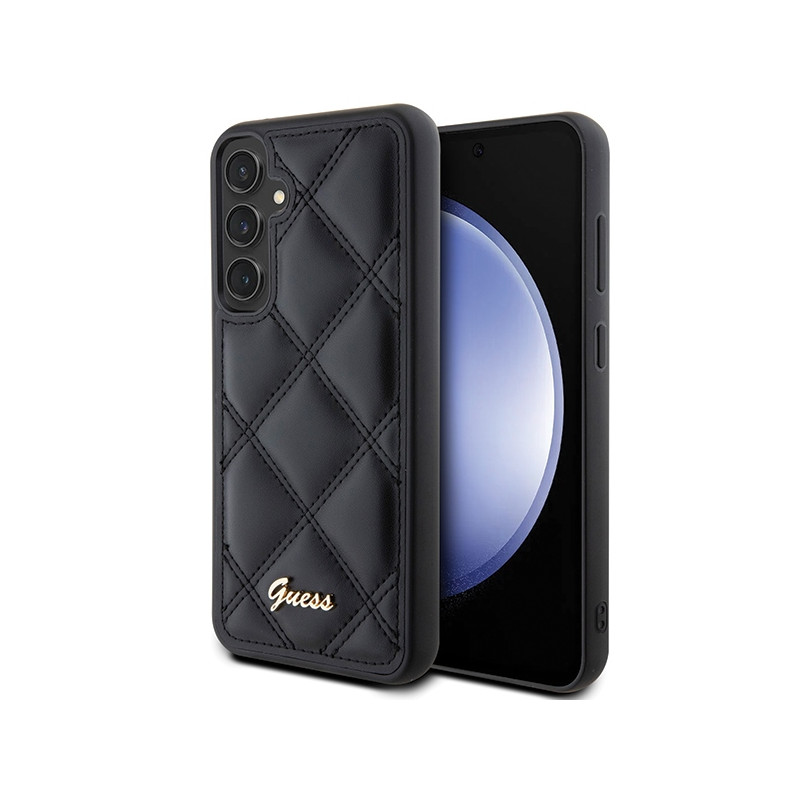 Guess Quilted Metal Logo dėklas, skirtas Samsung Galaxy S23 FE - juodas