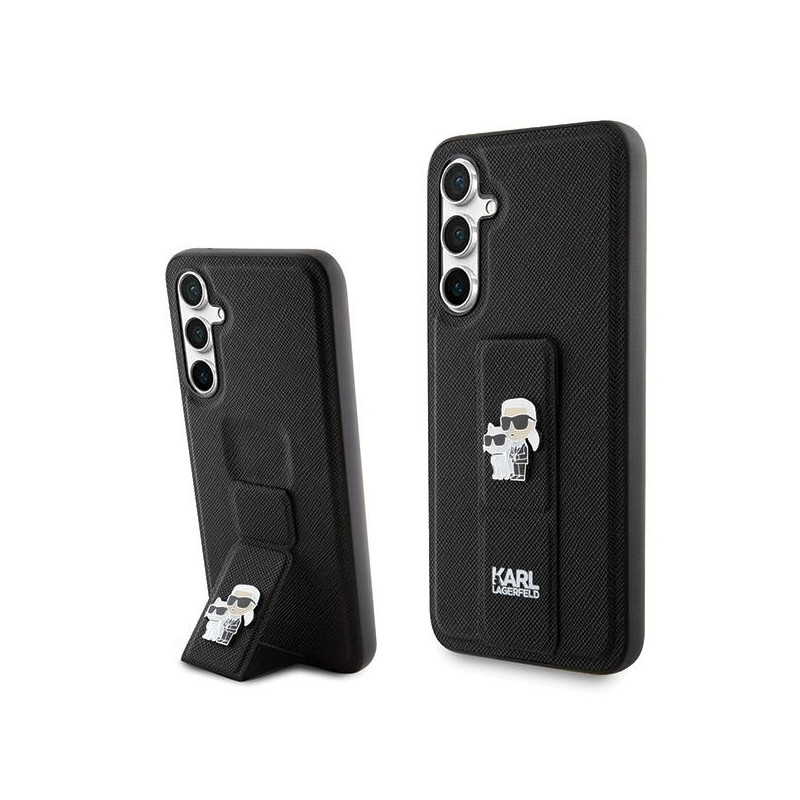 Karl Lagerfeld Gripstand Saffiano Karl&Choupette Pins dėklas, skirtas Samsung Galaxy S23 FE - juodas