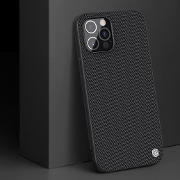 Nillkin Textured Case tvirtas sustiprintas dėklas su gelio rėmeliu ir nailonine nugara, skirtas iPhone 12 Pro Max juodai