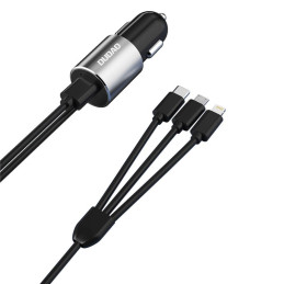 Dudao 3in1 USB automobilinis įkroviklis 3.4 A įmontuotas Lightning / USB Type C / micro USB kabelis juodas (R5ProN juoda...