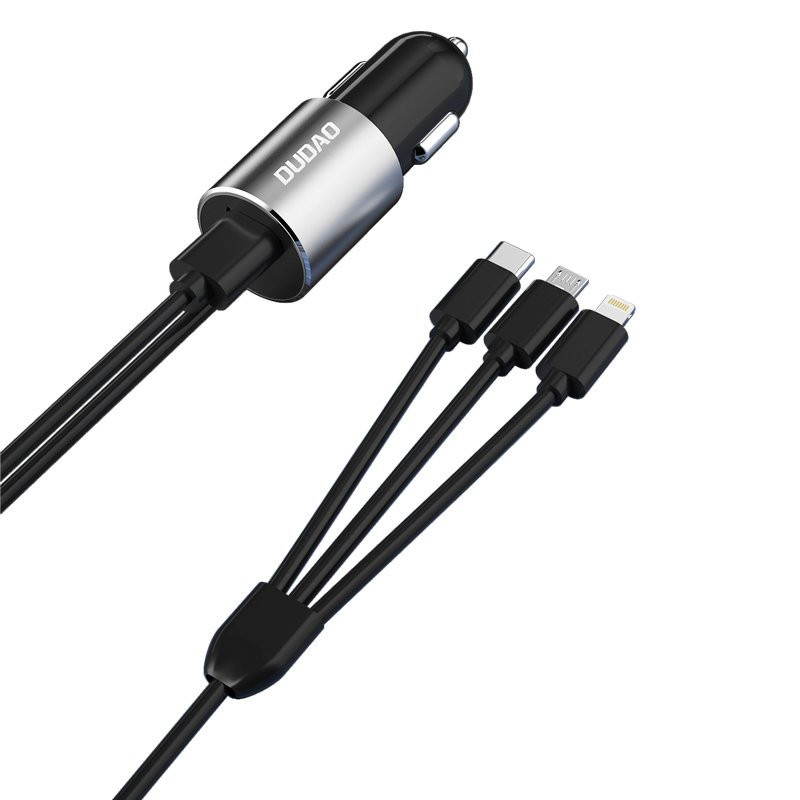 Dudao 3in1 USB automobilinis įkroviklis 3.4 A įmontuotas Lightning / USB Type C / micro USB kabelis juodas (R5ProN juoda...