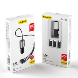 Dudao 3in1 USB automobilinis įkroviklis 3.4 A įmontuotas Lightning / USB Type C / micro USB kabelis juodas (R5ProN juoda...