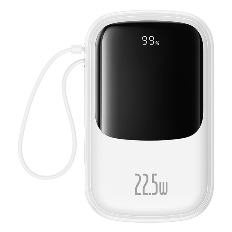 Baseus Qpow Pro+ 20000mAh 22,5W maitinimo blokas su įmontuotu USB-C laidu ir ekranu – baltas