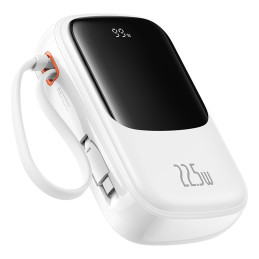 Baseus Qpow Pro+ 20000mAh 22,5W maitinimo blokas su įmontuotu USB-C laidu ir ekranu – baltas