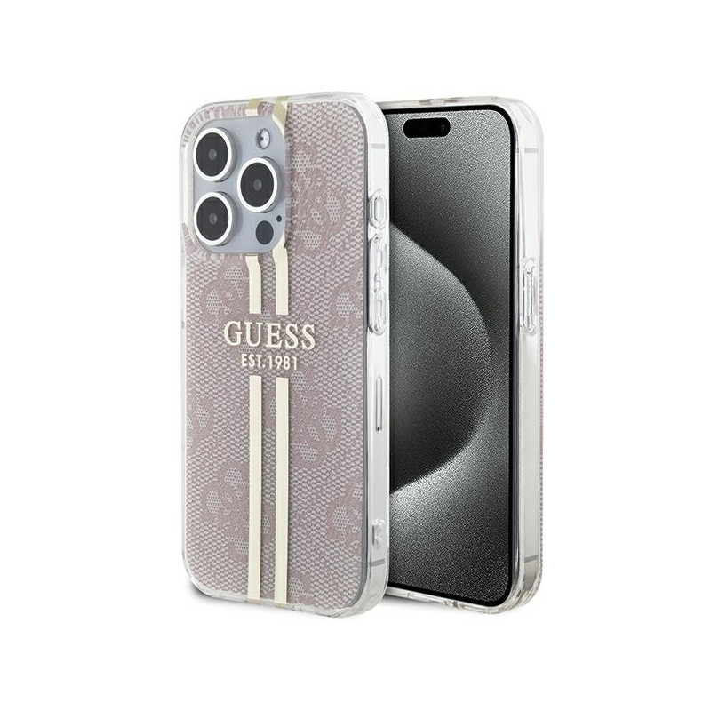 Guess IML 4G Gold Stripe dėklas, skirtas iPhone 14 Pro Max - rožinis