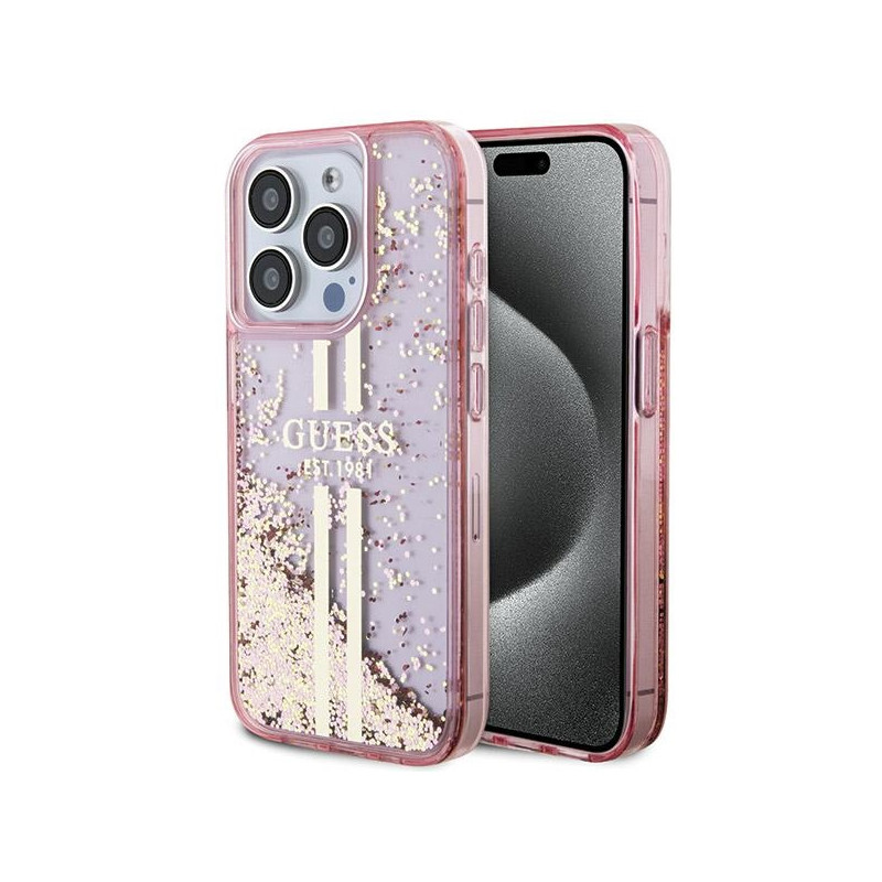 Guess Liquid Glitter Gold Stripes dėklas iPhone 15 Pro - rožinis