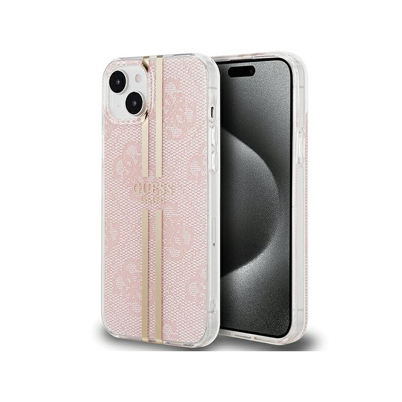 Guess IML 4G Gold Stripe dėklas, skirtas iPhone 15 Plus / 14 Plus - rožinis