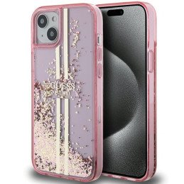 Guess Liquid Glitter Gold Stripes dėklas, skirtas iPhone 15 Plus / 14 Plus - rožinis