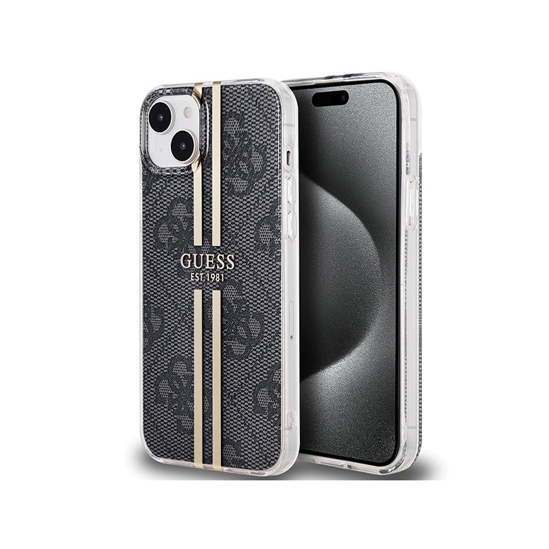 Guess IML 4G Gold Stripe dėklas iPhone 15/ 14/ 13 - juodas