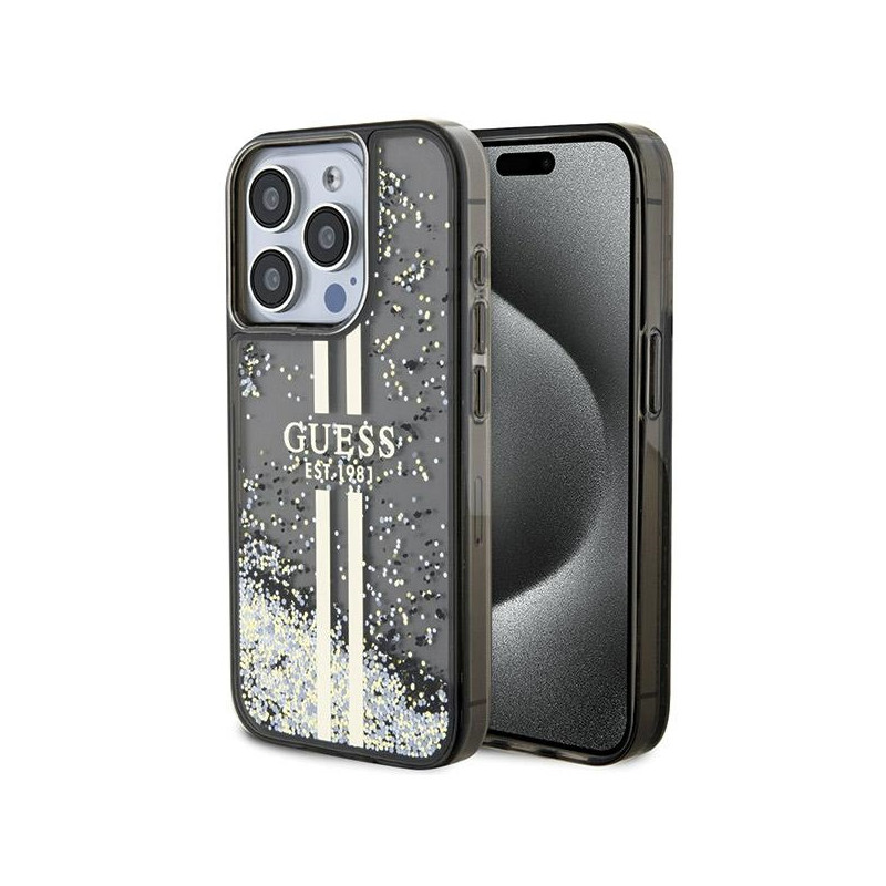 Guess Liquid Glitter Gold Stripes dėklas, skirtas iPhone 15 Pro Max - juodas