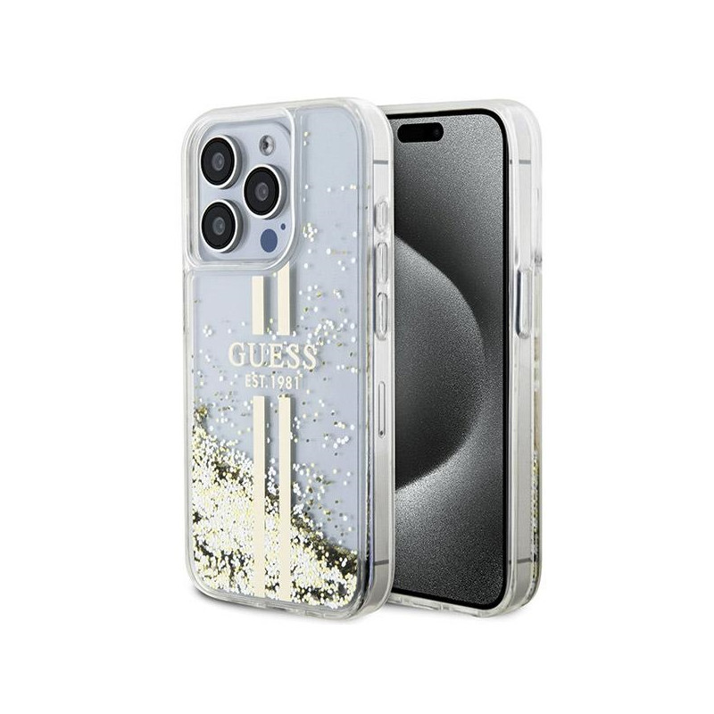 Guess Liquid Glitter Gold Stripes dėklas, skirtas iPhone 15 Pro Max - skaidrus