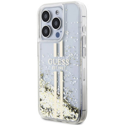 Guess Liquid Glitter Gold Stripes dėklas, skirtas iPhone 15 Pro Max - skaidrus