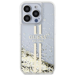 Guess Liquid Glitter Gold Stripes dėklas, skirtas iPhone 15 Pro Max - skaidrus