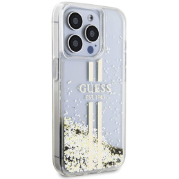 Guess Liquid Glitter Gold Stripes dėklas, skirtas iPhone 15 Pro Max - skaidrus