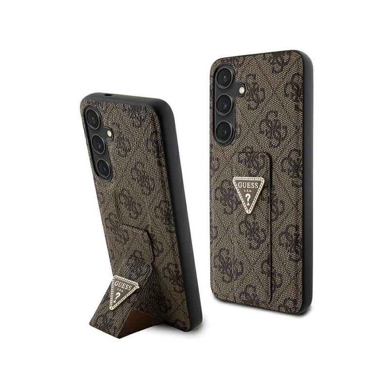 Guess Grip Stand 4G Triangle Strass dėklas, skirtas Samsung Galaxy S24 - rudas