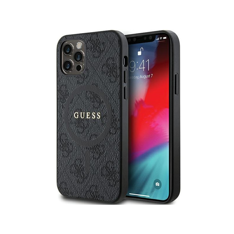 Guess 4G Collection odinis metalinis logotipas MagSafe dėklas, skirtas iPhone 12 Pro / iPhone 12 - juodas