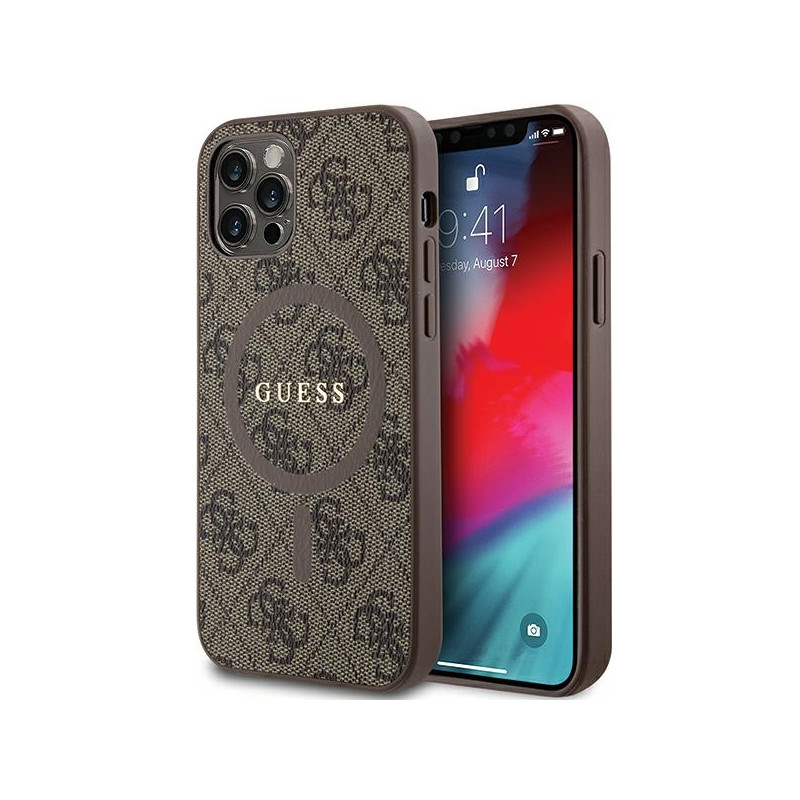 Guess 4G Collection odinis metalinis logotipas MagSafe dėklas, skirtas iPhone 12 Pro / iPhone 12 - rudas