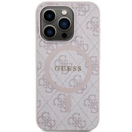 Guess 4G Collection odinis metalinis logotipas MagSafe dėklas, skirtas iPhone 14 Pro – rožinis