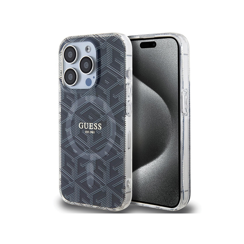 Guess IML GCube MagSafe dėklas iPhone 15 Pro - juodas