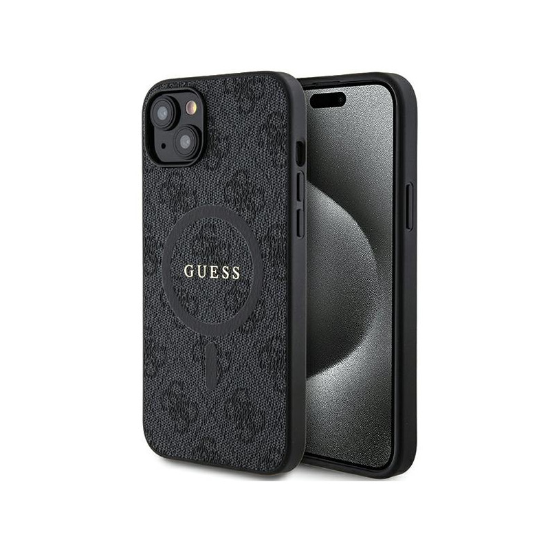 Guess 4G Collection odinis metalinis logotipas MagSafe dėklas, skirtas iPhone 15/ 14/ 13 – juodas