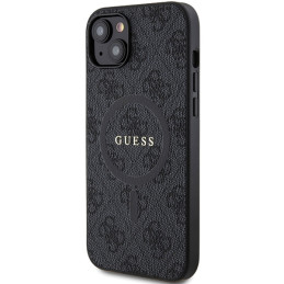 Guess 4G Collection odinis metalinis logotipas MagSafe dėklas, skirtas iPhone 15/ 14/ 13 – juodas