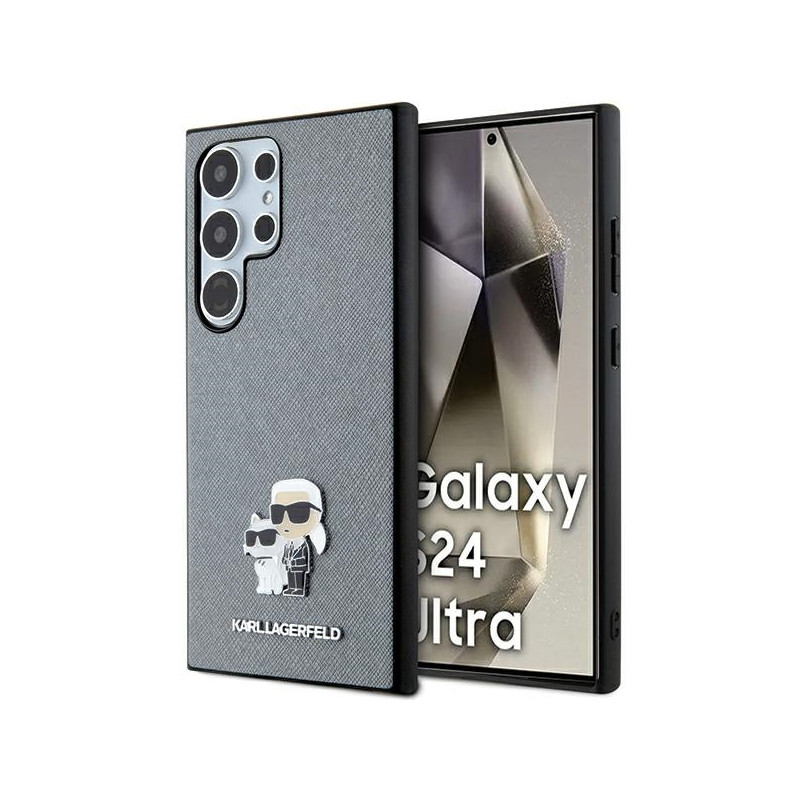 Karl Lagerfeld Saffiano Karl&Choupette Metal Pin dėklas Samsung Galaxy S24 Ultra - pilkas