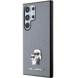 Karl Lagerfeld Saffiano Karl&Choupette Metal Pin dėklas Samsung Galaxy S24 Ultra - pilkas