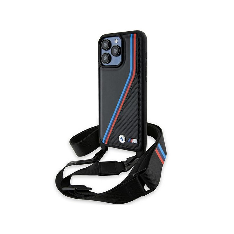 BMW M Edition Carbon Tricolor Lines & Strap dėklas iPhone 15 Pro - juodas