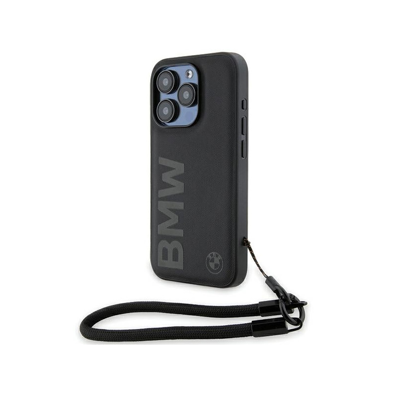 BMW Signature Leather Wordmark Cord dėklas iPhone 15 Pro - juodas