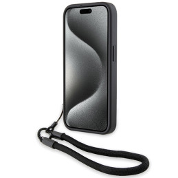 BMW Signature Leather Wordmark Cord dėklas iPhone 15 Pro - juodas
