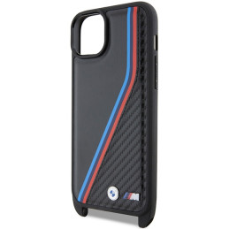 BMW M Edition Carbon Tricolor Lines & Strap dėklas, skirtas iPhone 15 Plus / 14 Plus - juodas