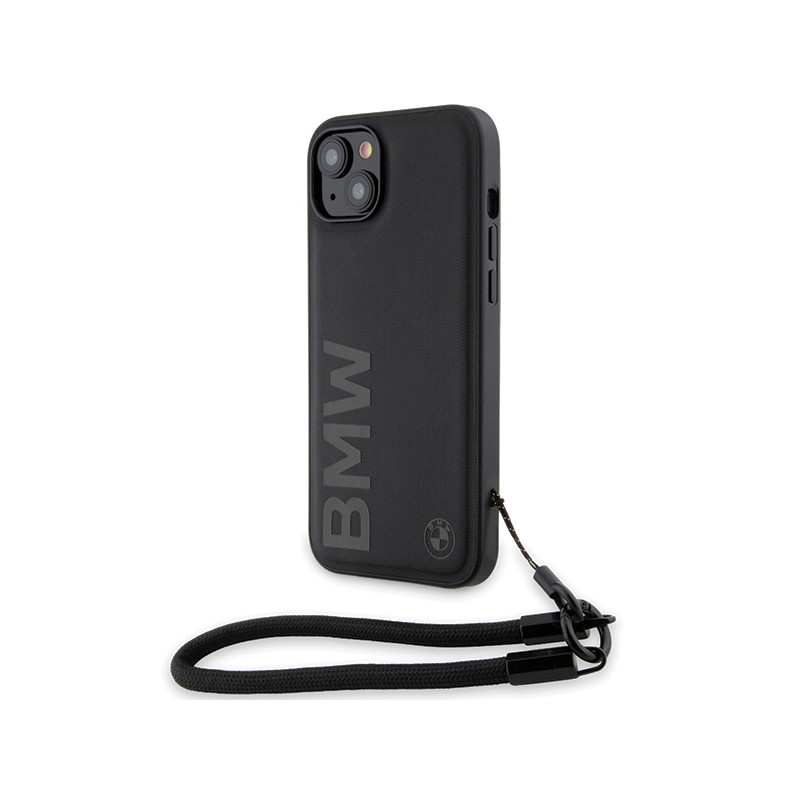 BMW Signature Leather Wordmark Cord dėklas, skirtas iPhone 15 Plus / 14 Plus - juodas