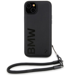 BMW Signature Leather Wordmark Cord dėklas, skirtas iPhone 15 Plus / 14 Plus - juodas