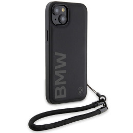 BMW Signature Leather Wordmark Cord dėklas, skirtas iPhone 15 Plus / 14 Plus - juodas